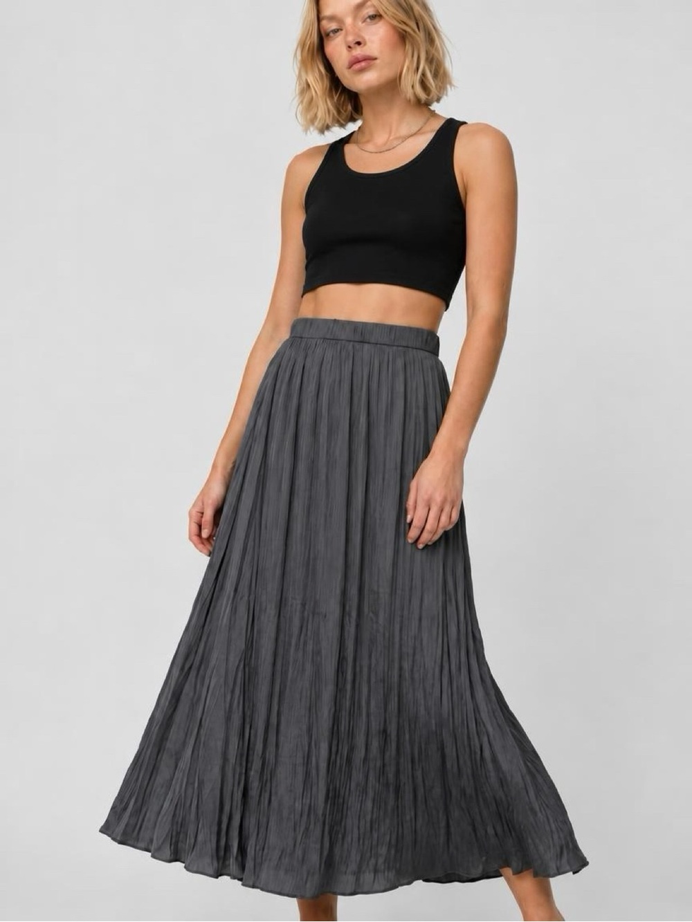 Zara Silvery Gray Pleated Plisse Satin-Feel Maxi Skirt Whimsigoth Witchy Vibes
